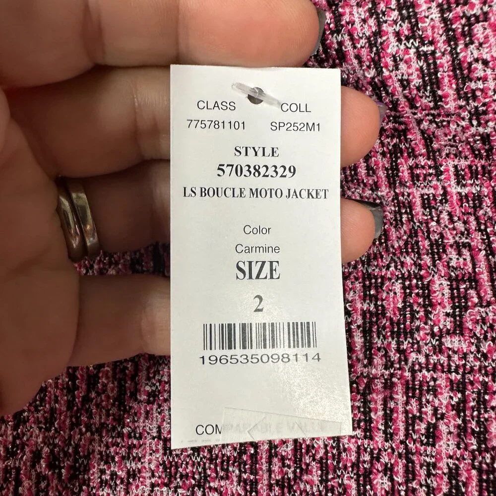NWT White House Black Market Long Sleeve Boucle Moto Jacket Carmine 2